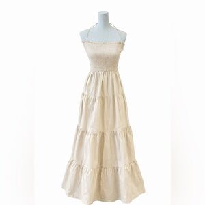 L’Academie Cream Boho Chic Halter Maxi Dress Tiered Smocked